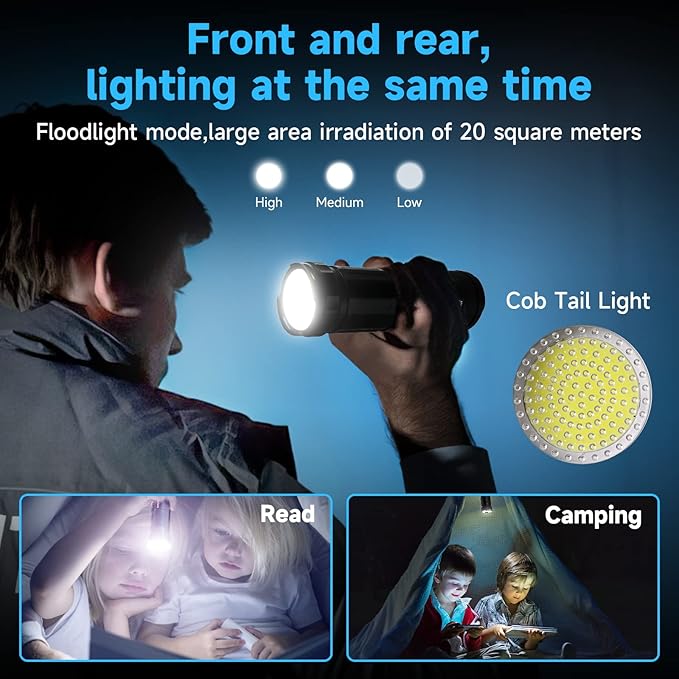Rechargeable High Lumens, Super Bright Flashlights with COB Work Light, High Powered, Powerful Handheld Led Tactical Flashlights for Emergencies Camping Hiking,120000 Lumens