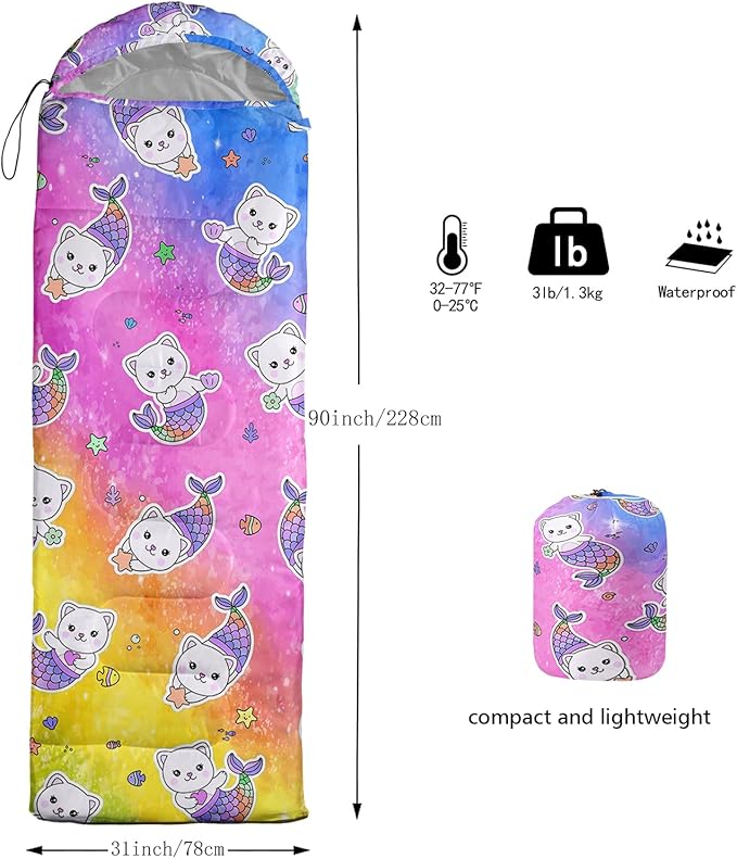 Camping Sleeping Bags,Mermaid Horse Butterfly Starry Sky 3 Season Warm & Cool Weather,Lightweight,Waterproof Sleeping Bags for Adults & Kids,Traveling,and Outdoors,Camping Gear Equipment
