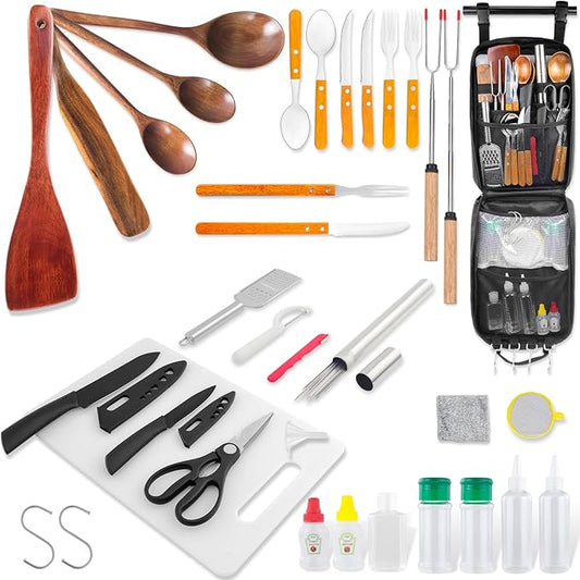 Camping Cooking Utensils Cookware Set for Outdoor - Hanging Organizer + Nonstick Wooden Spatula Kitchen Kit, Camping, RV & Campfire Essentials