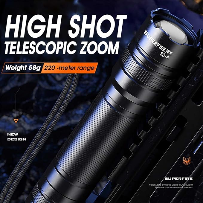 SuperFire LED Flashlight,EDC Flashlight Hight Lumens, Zoomable Flash Light for Outdoor, Emergence,Rechargeable or AAA batteries Dual Power Mode