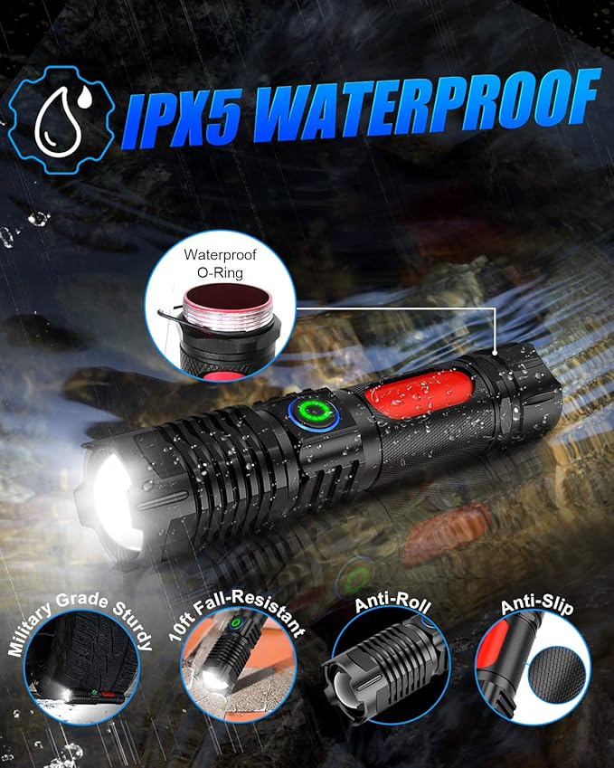 Flashlight USB Rechargeable, Super Bright LED Flashlight 3500LM, Small Tactical Flashlights, Waterproof, Zoomable, Portable Flashlights for Camping, Hiking, Emergency