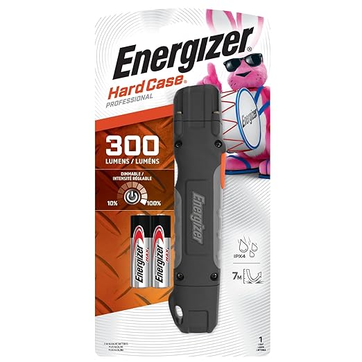 Energizer HC-300 LED Flashlight, IPX4 Water Resistant, Maximum Durability, Smart Dimming LED, High-Performance Task Light, Batteries Included, Black/Gray