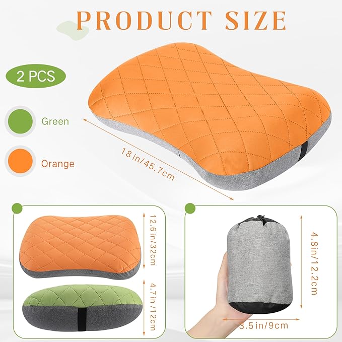 2 Pack Camping Pillow Inflatable Travel Pillow with Removable Cover Backpacking Pillow Blow up Pillow Neck Air Pillow Compressible for Lumbar Support Travel Hiking (Orange,Green)