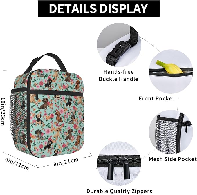 Dog Flower Lunch Bag Insulated Reusable Lunch Box Thermal Cooler Tote For Men Women Work Travel Picnic Hiking