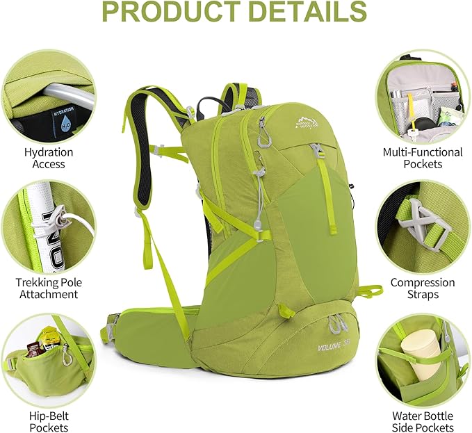 Hiking Backpack,35L Waterproof Hiking Daypack with 3L Water Bladder and Rain Cover, Lightweight Travel Camping Backpack for Men Women (Fruit green)