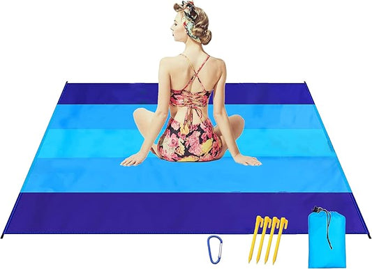 Beach Blanket Sandproof Extra Large Beach Mat Adults Waterproof Quick Drying,Big & Compact Sand Free Mat,Lightweight & Durable with 4 Stakes for Travel Camping Hiking Picnic (Bule-Mixed)