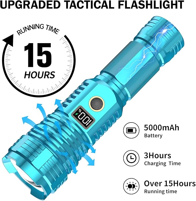 Flashlights High Lumens Rechargeable, 990,000 Lumens Super Bright Flashlight with LCD Digital Display, Zoom, 5 Modes, IPX7 Waterproof, Powerful Tactical Flashlight for Emergencies, Camping