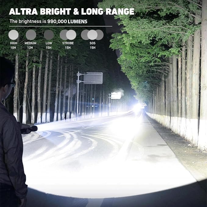 Rechargeable LED Flashlights High Lumens, 990,000 Lumen Brightest Flashlight with 5 Modes and Waterproof, Long Lasting Powerful Handheld Bright Flashlight for Emergencies Camping