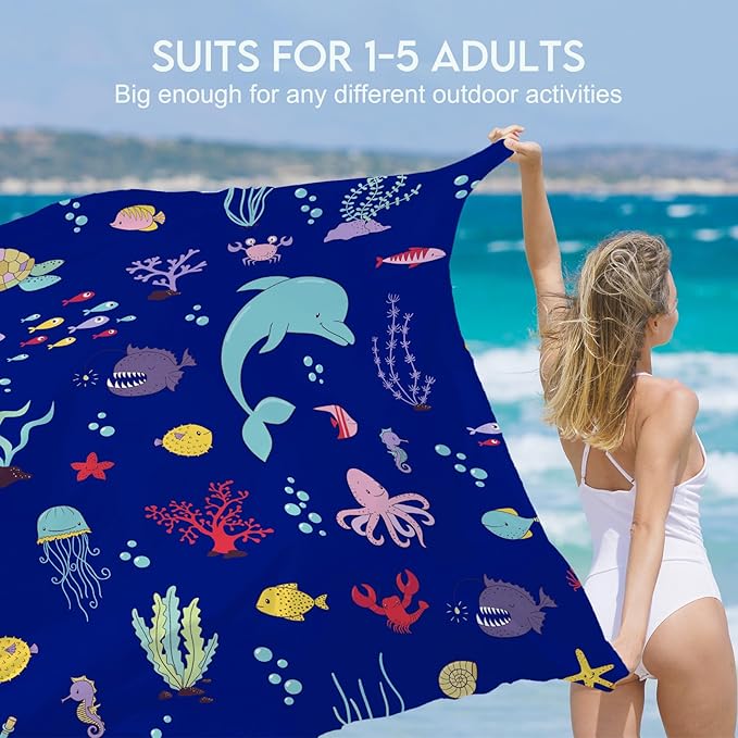 BYDOLL Beach Blanket Waterproof Sandproof 78''×81'' 1-7 Adults Oversized Lightweight Large Picnic Mat Waterproof Sandproof Blanket for Beach