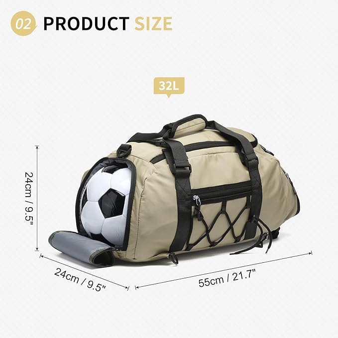 Unisex Travel Duffle Bag for Men Women, Waterproof Gym Bag with Shoe Compartment & Football Compartment, 32L Carry on Bag for Sports & Fitness, Khaki