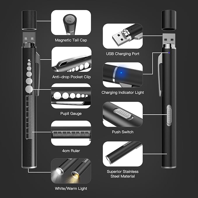 COSOOS 2 Rechargeable Pen Lights with Pupil Gauge & Ruler, Mini LED Penlights for Nurses Doctors, Warm/White Light with Clip, USB Rechargeable Penlight Flashlight Gifts for Nursing Student