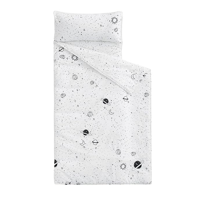 Wake In Cloud - Toddler Nap Mat with Pillow and Blanket, 100% Cotton Fabric, for Kids Boys Girls in Daycare Kindergarten Preschool, Roll Up Sleeping Bag, Black White Spaces, Extra Long