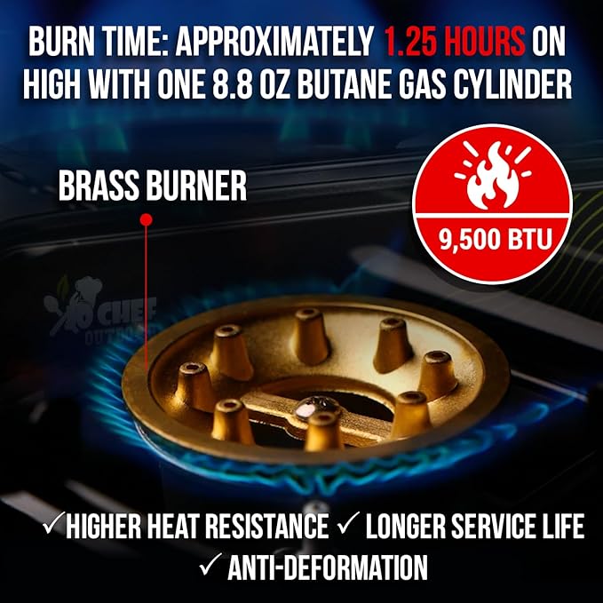 Jo Chef Butane Camping Stove - 9,500 BTU Portable Gas Stove - Ideal for Camping/Road Trips, Outdoor camp Stove Includes Windshield, CSA Certified, Brass Burner Fast Heat Up Time