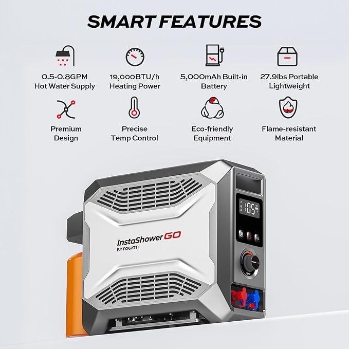 FOGATTI Portable Gas Water Heater, InstaShower GO, Propane, 19,000 BTU, with 5000mAh Rechargeable Built-in Battery, DC 12V, Outdoor Camping Shower with Tip-Over Protection, Safety Shutoff