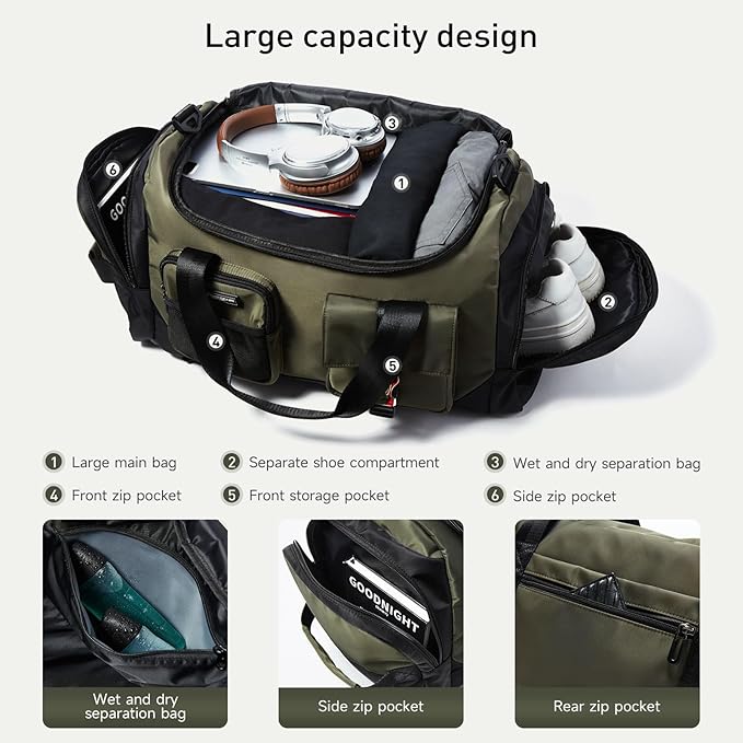 Duffel Backpack 22.5L With Shoe Compartment Waterproof Olive Green Gym Bag Travel Duffle Backpacks Weekend Shoulder Carry On Bag (3 In 1)