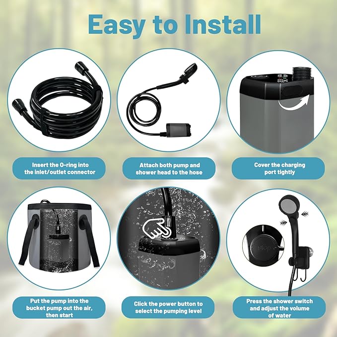 Portable Camping Shower, 6000mAh Rechargeable Electric Shower Pump with 20L Foldable Bucket, Outdoor Shower Kit for Camping, Beach, Hiking, RV Travel, Pet Bath, Car Washing