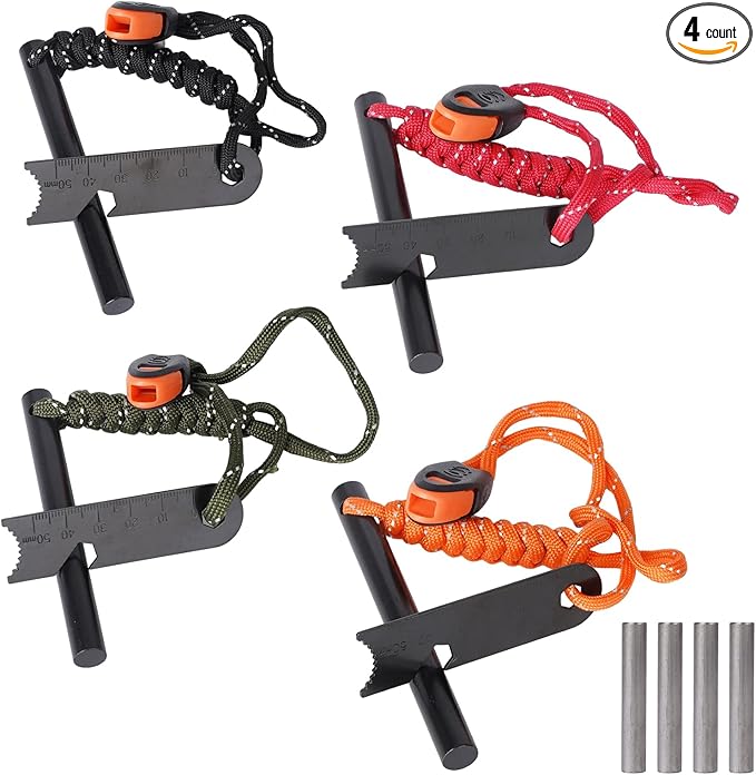 Ferro Rod Fire Starter 4 Pack Flint Fire Starter Survival Tool Flint and Steel Fire Starter Kit 6-in-1,Fire Steel with Paracord and Whistle for Camping, Hiking, Hunting, Emergency Rescue…