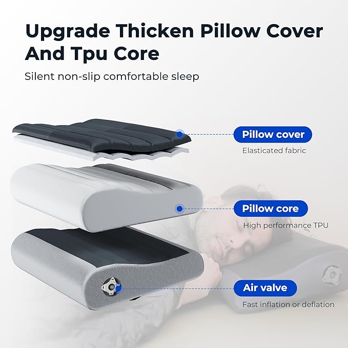 FLEXTAILGEAR Inflatable Camping Pillow, Ultralight Travel Pillows for Airplanes, Hiking, Road Trip, Office - Neck Pillow with Washable Cover & TPU Bladder - Perfect for Neck Lumbar Support