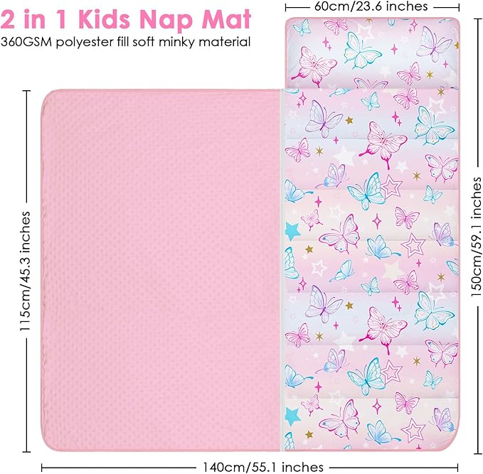 Kids Sleeping Bag Nap Mat with Removable Pillow and Blanket,Extra Thick Large 2 in 1 Slumber Bags for Boys Girls,Toddler Nap Mat for Preschool Daycare Travel Camping