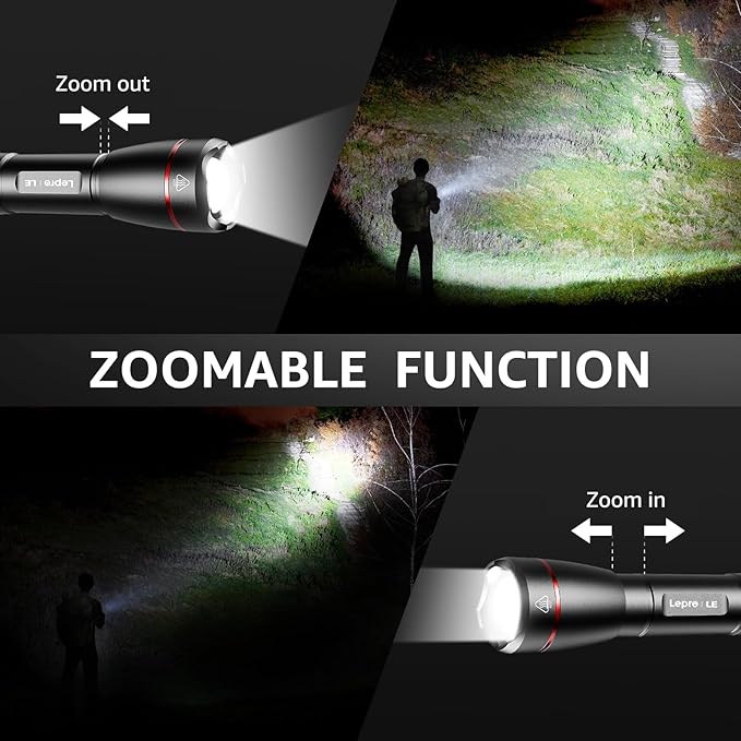 Lepro LED Rechargeable Flashlight, LP3000 High Lumens, Zoomable, Bright Flashlight, Waterproof, 5 Lighting Modes, Small Handheld Flashlight for Camping, Emergencies, USB Cable Included