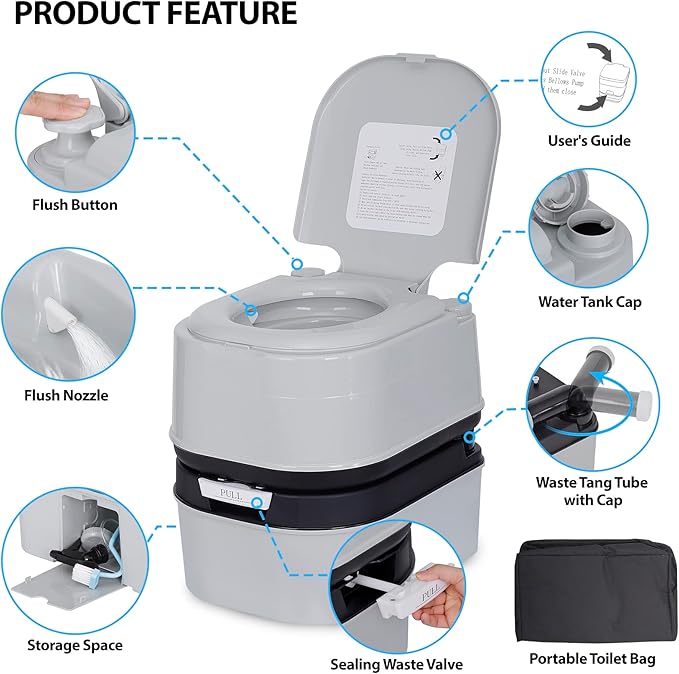 HSM 6.4 Gallon Waste Tank Portable Toilet for Camping RV Boating Fishing Indoor Outdoor Toilet Compact Double-outlet Anti-leak Seal Ring Commode with Travel Bag Sprinkling Bottle