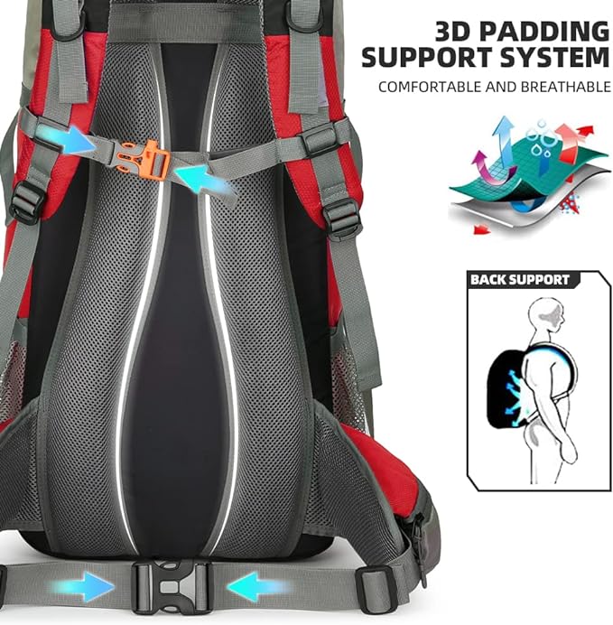 King'sGuard 70L Hiking Backpack Large Lightweight Waterproof Camping Backpack Travel Backpacking Backpack Daypack with Rain Cover -Frameless (Red)