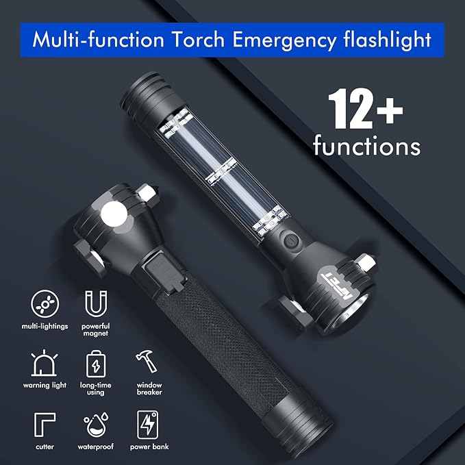 NPET T09 Solar Flashlight Car Flashlight 268 Lumens LED COB Light USB Rechargeable Tactical Multi-Function Torch Tool with Window Breaker Seat Belt Cutter Compass (T09-2pack)