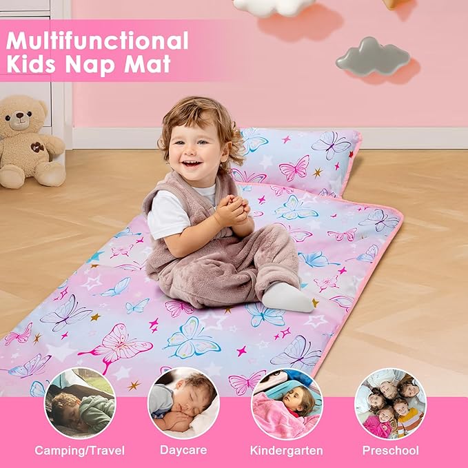 Kids Sleeping Bag Nap Mat with Removable Pillow and Blanket,Extra Thick Large 2 in 1 Slumber Bags for Boys Girls,Toddler Nap Mat for Preschool Daycare Travel Camping
