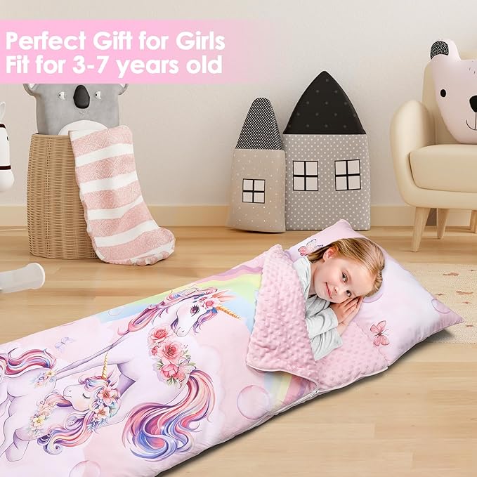 Kids Sleeping Bag Toddler Nap Mat with Removable Pillow, Large Foldable Sleeping Bag for Girls Boys, Easy Clean Slumber Bag with Double Zip for Camping School Preschool Daycare, 59×24 inch