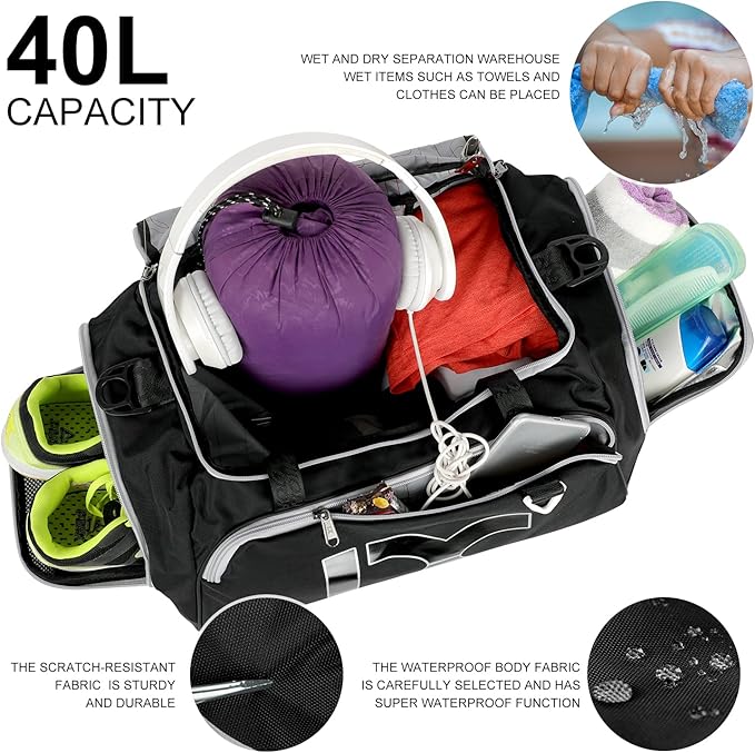 Sports Gym Bag,INOXTO Travel Duffel Bag with Dry Wet Pocket And Shoe CompartmentFor Women and Men,40L/55L Fitness Waterproof Weekender Bag For Swim Sports Travel Working Out (Black white, 40L)