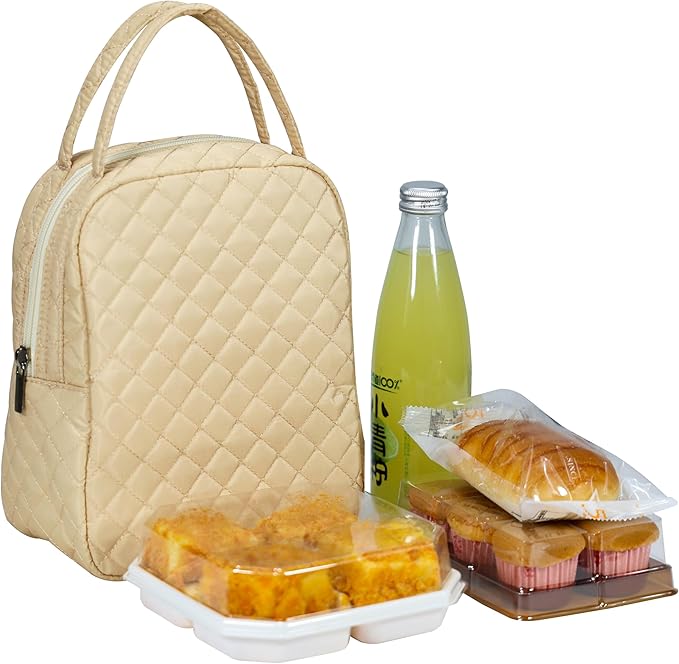 Machine Washable Women Quilted Fabric Insulated Reusable Cooler Lunch Bag Tote Adult Thermal Lunch Box Storage Bag for Work (Beige)