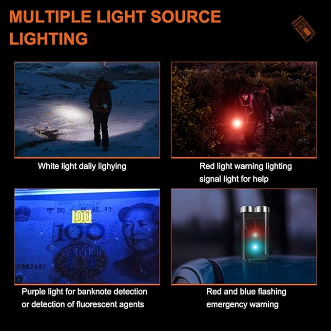 EDC Flashlight Rechargeable, 10 Modes LED Mini Keychain Flashlights High Lumens, 900 Lumens Pocket Flash Light with UV Red Blue Side Light, Waterproof Small Flashlights for Camping Hiking Emergencies