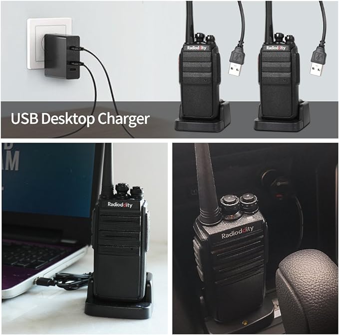 4 Pack Radioddity GA-2S Long Range Walkie Talkies for Adults UHF Two Way Radio Rechargeable with Micro USB Charging + USB Desktop Charger + Air Acoustic Earpiece with Mic, for School Retail Business