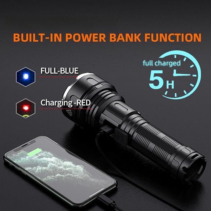 Handheld flashlight, 5 lighting modes, rechargeable flashlight, mobile power flashligh, high-power wick, IP44 waterproof, suitable for daily household use, outdoor hiking, camping, and fish