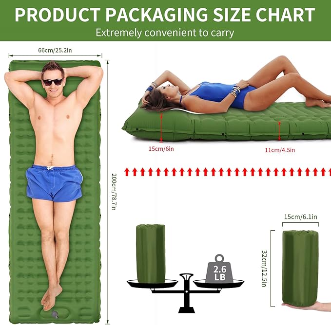 Inflating Sleeping Pad for Camping.LORPECT 4.5 in Thick Sleeping Mat .Compact Waterproof Camping Air Mattress with Pillow.Foot Pressure Inflatable Camping Pads for Backpacking & Hiking. (Green 1)