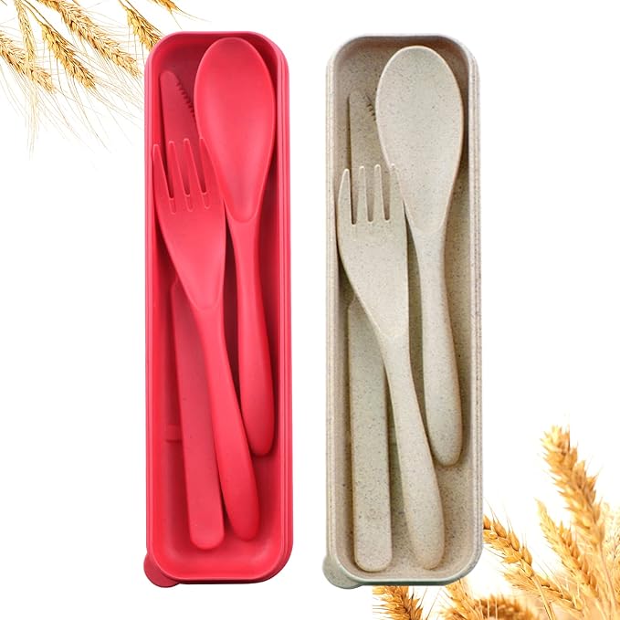 Reusable Travel Utensils Set with Case, 2 Sets Wheat Straw Portable Knife Fork Spoons Tableware, Eco-Friendly BPA Free Plastic Cutlery Travel Picnic Camping Utensils for Kids Adults Daily Use