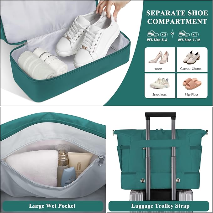 ETRONIK Gym Bag for Women, Travel Duffel Bag with USB Charging Port, Weekender Overnight Bag with Wet Pocket & Shoes Compartment for Women, Travel, Gym, Yoga (Malachite Green)