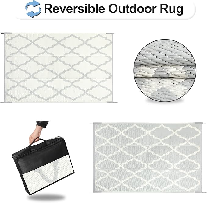 OutdoorLines Outdoor Plastic Area Rugs for Patio 5x8 ft - Reversible Outside Carpet, Stain & UV Resistant RV Mats, Straw Rug for Camping, Deck Garden, Porch and Balcony, Moroccan/Beige & Light Grey