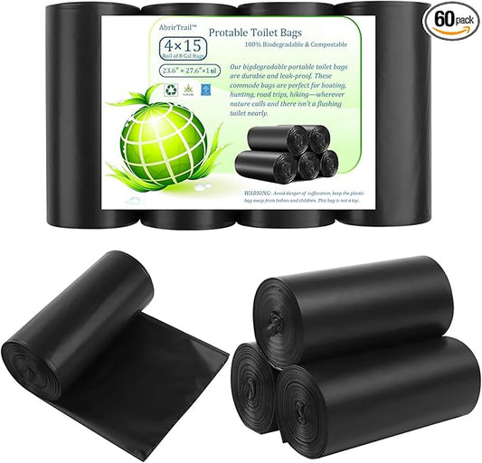 60 portable toilet bags,8 Gallon camping toilet waste bags for 5 gallon bucket,1mil bildegradable porta potty luggable loo bags for adults travel heavy-duty