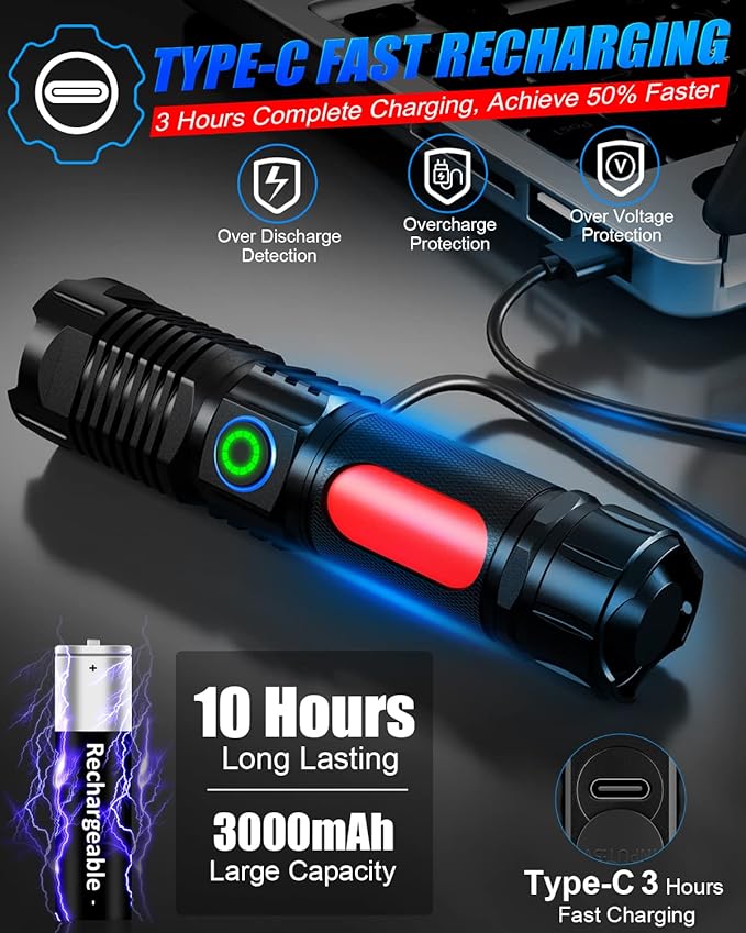 Flashlight USB Rechargeable, Super Bright LED Flashlight 3500LM, Small Tactical Flashlights, Waterproof, Zoomable, Portable Flashlights for Camping, Hiking, Emergency