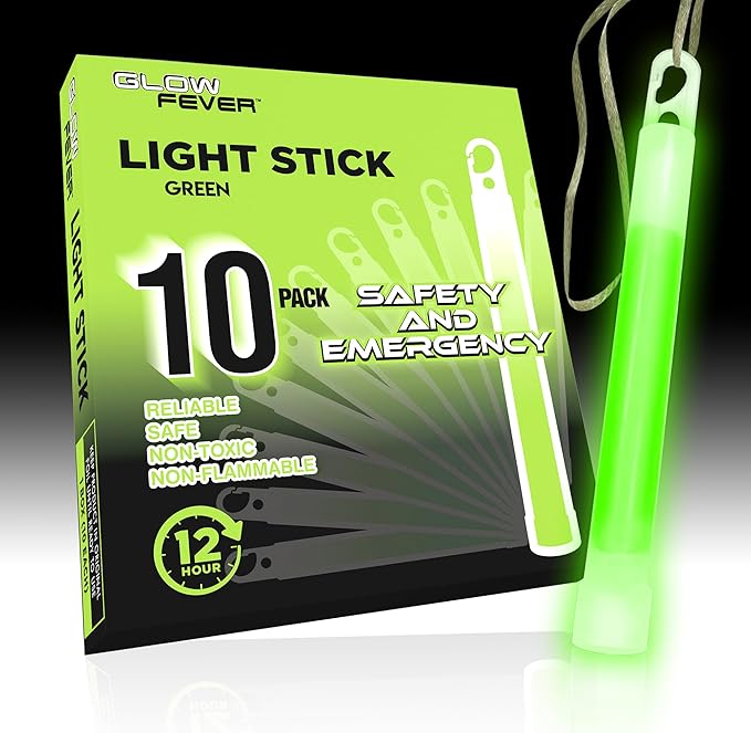 Emergency Safety Military Grade Glow Sticks, 10pcs, 6'' Ultra Bright Glow Sticks with 12 Hours Duration. Great for Hiking, Party, Camping, Blackouts, Hurricane, First Aid and Survival Kits (Green)