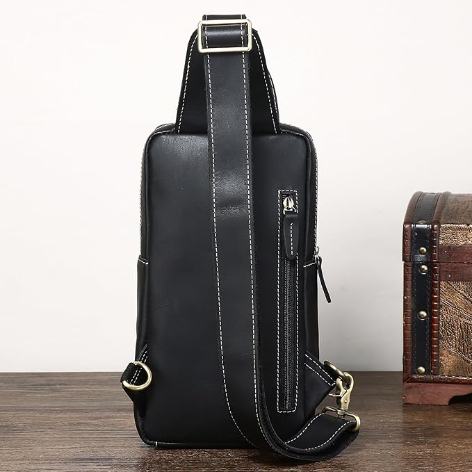 KPYWZER Sling Bag Men Women Genuine Leather Shoulder Backpack Satchel Chest Casual Daypack Crossbody Outdoor Day Pack Backpacks Black