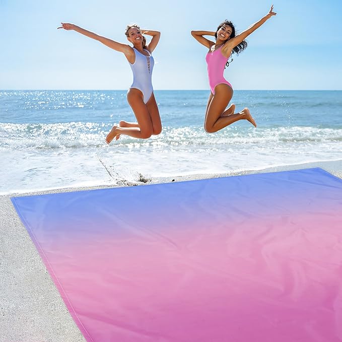 Large Beach Blanket Waterproof Sandproof, Blue Pink Gradient Weighted Polyester Picnic Blanket Windproof w/Stakes and Sand Pockets, Outdoor Camping Beach Mat Sand Free Fits 8 Adult for Travel, Hiking