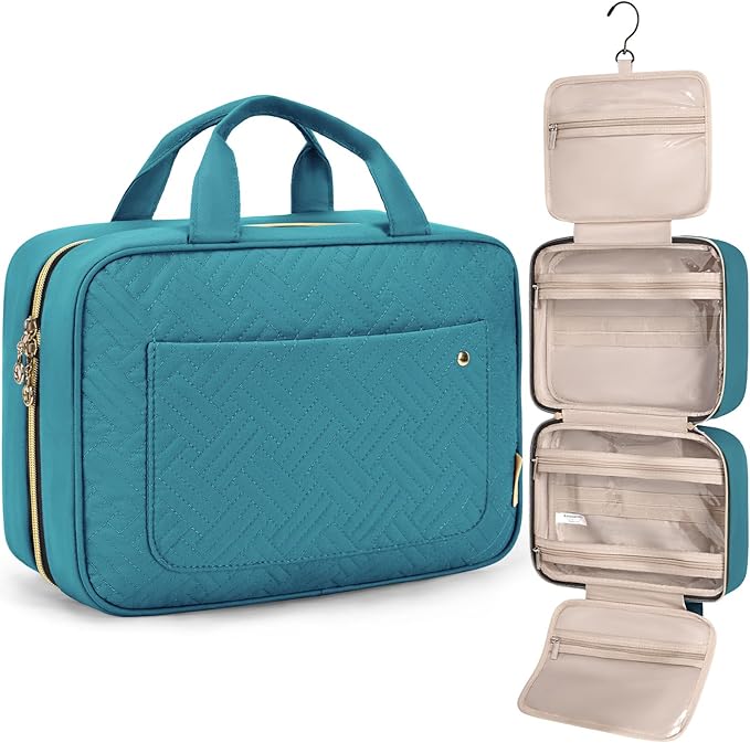 BAGSMART Toiletry Bag Travel Bag with Hanging Hook, Water-resistant Makeup Cosmetic Bag Travel Organizer for Accessories, Shampoo, Full Sized Container, Toiletries,Large-Teal
