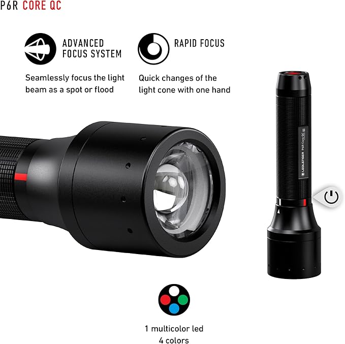 Ledlenser P6R Core QC, 4 Color Focusing Flashlight, Advanced Focus System, Rapid Focus, Multicolor Strobe, Micro-USB Rechargeable Port