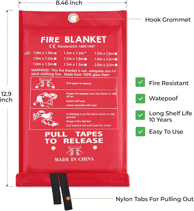 NEXARA Emergency Fire Blanket for Home and Kitchen - 2 Pack 47"x47" Flame Suppression Fiberglass Fire Blankets for House Camping Car Office Warehouse Emergency Survival Safety 2 Hooks & 2 Gloves