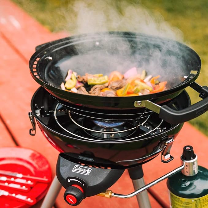 Coleman 4-in-1 Portable Propane Camping Stove, Includes Stove, Wok, Griddle & Grill; Camping Grill with Instastart Ignition, Grease Tray, & 7000 BTUs of Power for Camping, Tailgating, Grilling