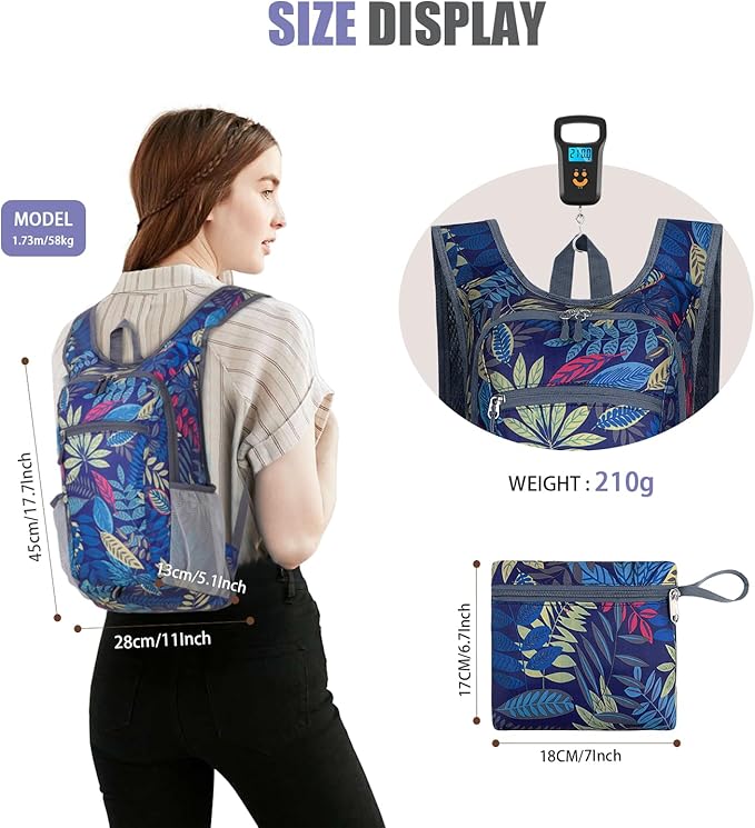 15L Hiking Backpack Small Travel Backpack Lightweight Packable Backpacks Casual Daypack for Women and Men, Blue Leaf