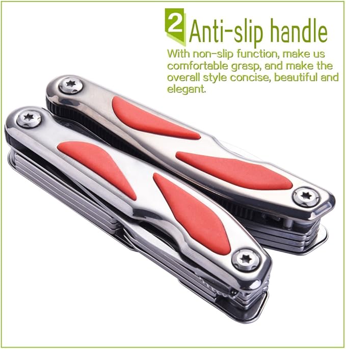 Fine Blanking Folding Stainless Steel Pliers Outdoor Multifunction Multitools Pliers Bottom Bone Elastic Forceps Clamp with Nylon Sheath and Gift Box for Camping/Home/Hiking Red