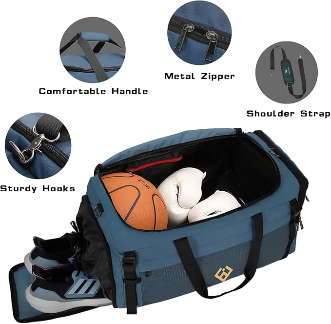 Eackrola Extra Large Sports Gym Bag, Travel Duffel bag with Wet Pocket & Shoes Compartment for men women, 85L, Lightweight (Haze Blue)